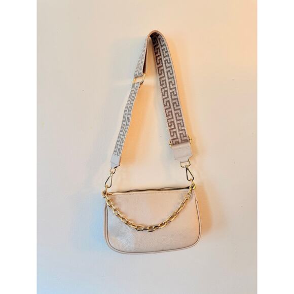 Genuine Italian Leather Shoulder Bag – Beige Crossbody w/ Gold Chain & 3 Straps - Picture 3 of 8